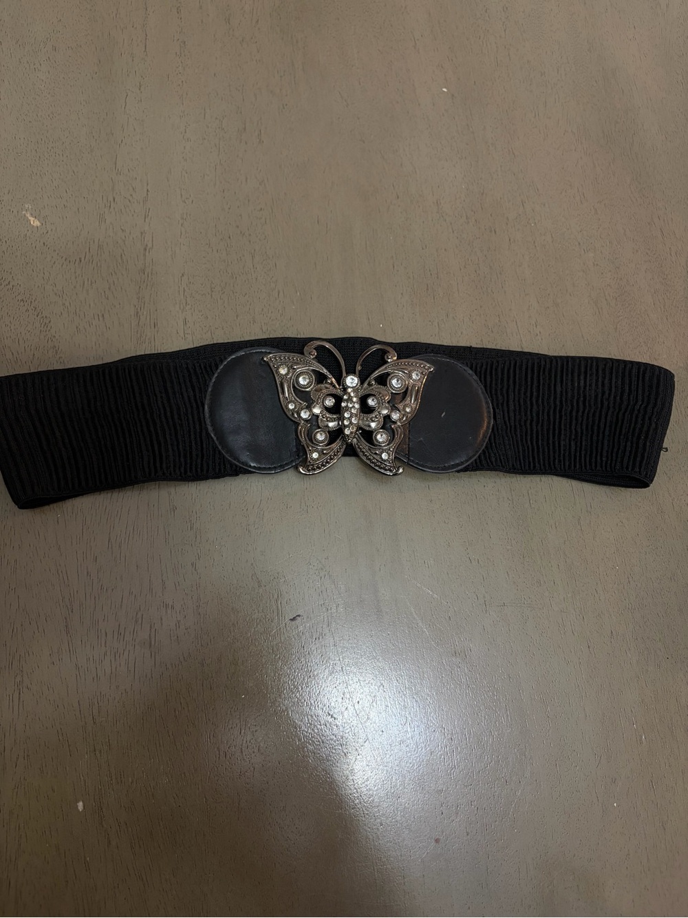 Black Elastic Waist Belt with Decorative Butterfly Accent